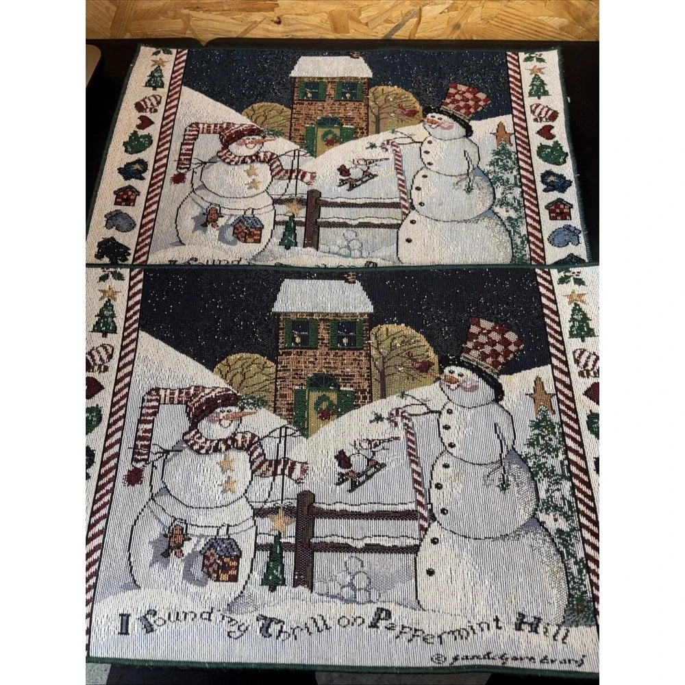 Vtg Tapestry Placemats SNOWMEN 19x13 Finished‎ Edge Christmas Winter Snow